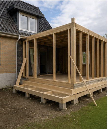Tidlig fase af tilbygningens skelet og fundament