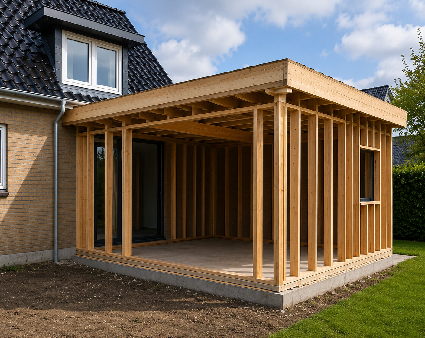 Trækonstruktion til tilbygning under opførelse set fra haven