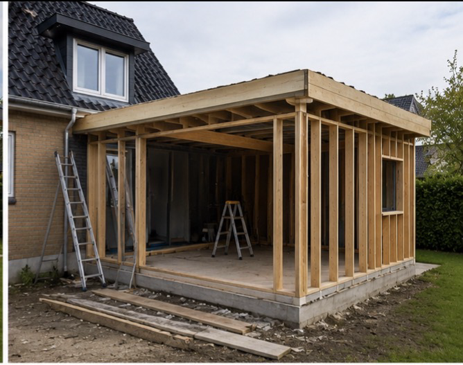 Tilbygningens trækonstruktion med fladt tag under opførelse