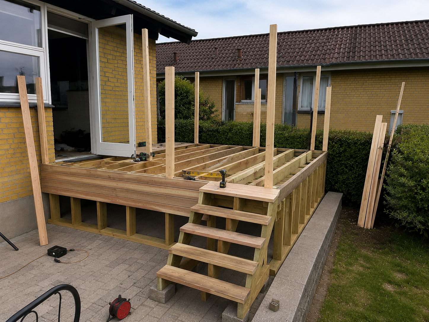Terrasseprojekt under opbygning med synlig bærende konstruktion og trappe
